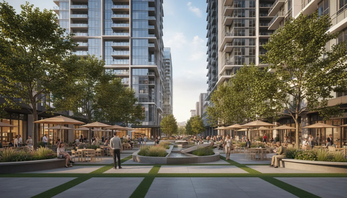 Modern mixed‑use residential buildings with cafes and green courtyard in Tysons