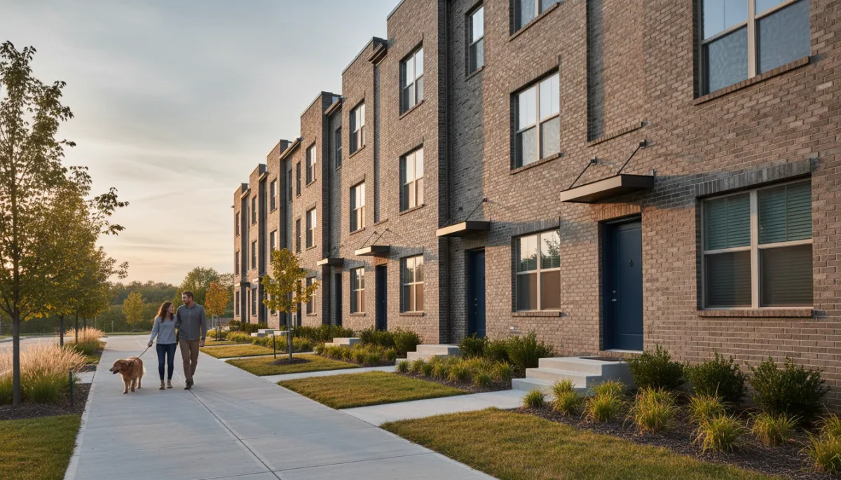 Row of modern townhouses in Tysons, VA with a couple walking a dog