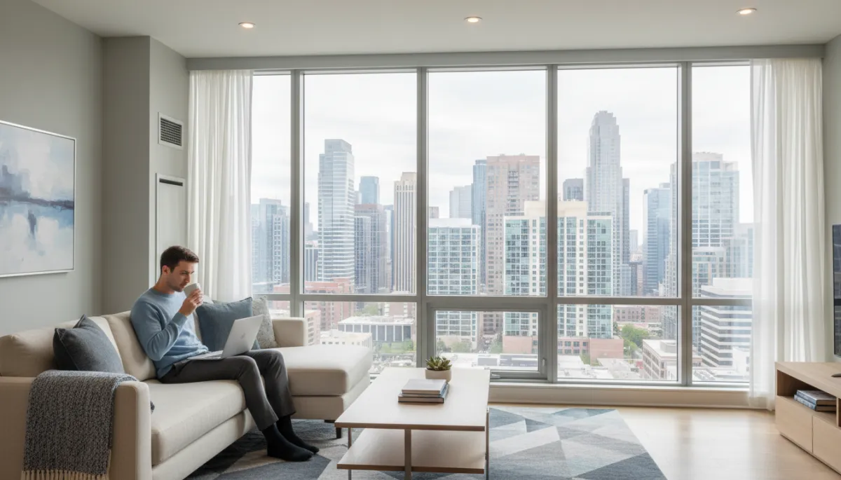 Modern condo living room in Tysons, VA overlooking the city