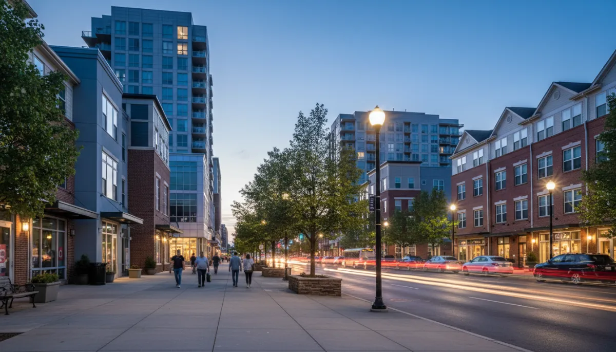 Walkable streetscape in Tysons, VA with condos and nearby townhouses