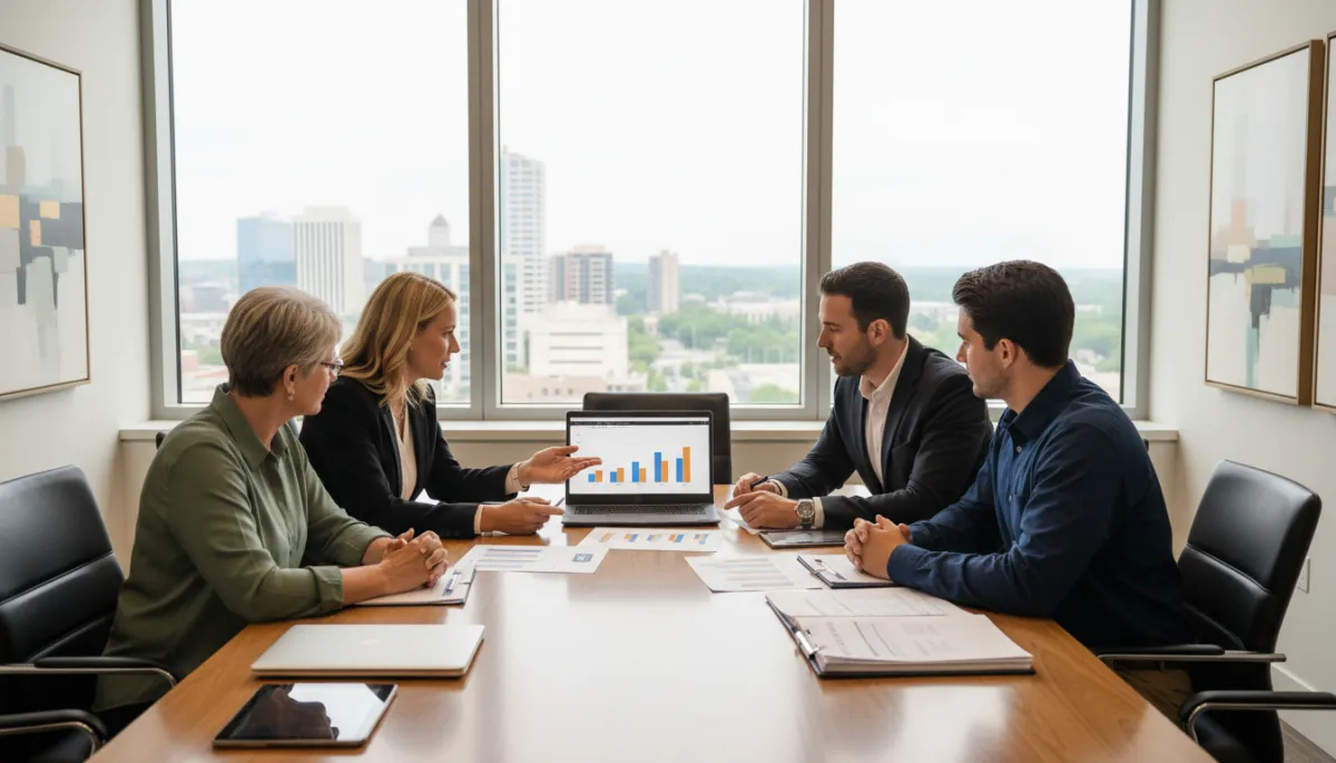 Photorealistic meeting between real estate agents and clients reviewing housing options