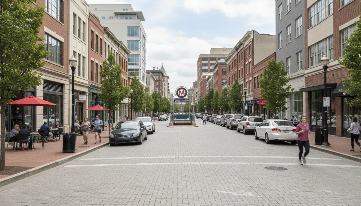Walkable mixed-use street in Falls Church, Virginia with shops and pedestrians