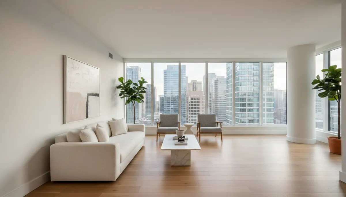 Photorealistic staged Tysons condo living room with fresh paint and neutral decor