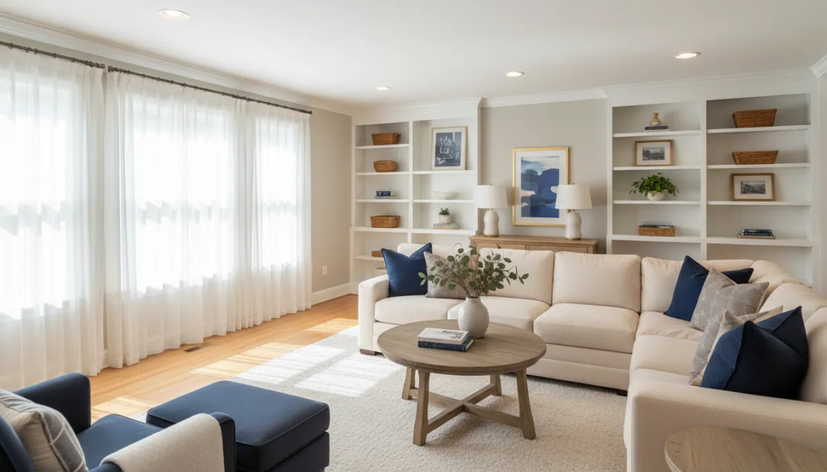 Photorealistic staged living room in a Springfield VA home with neutral decor Photorealistic staged living room in a Springfield VA home with neutral decor