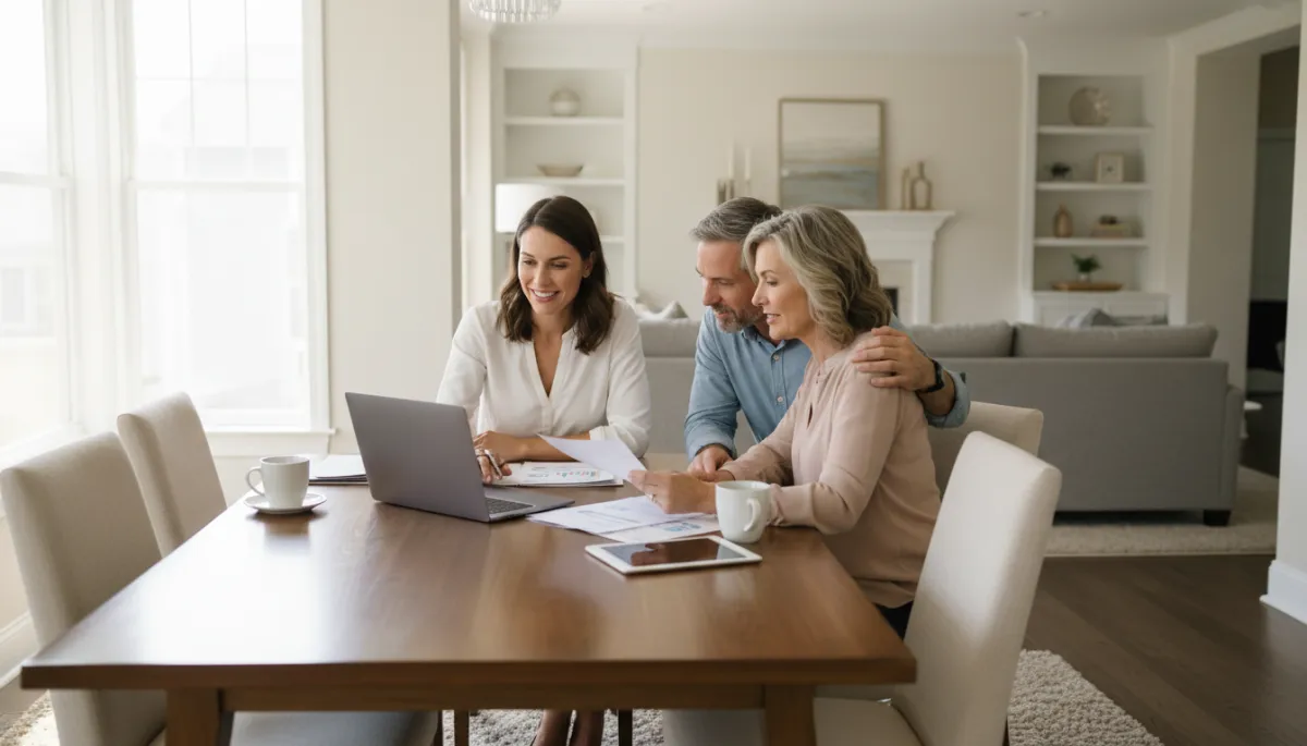 Photorealistic real estate agent consulting with Springfield VA homeowners at a dining table