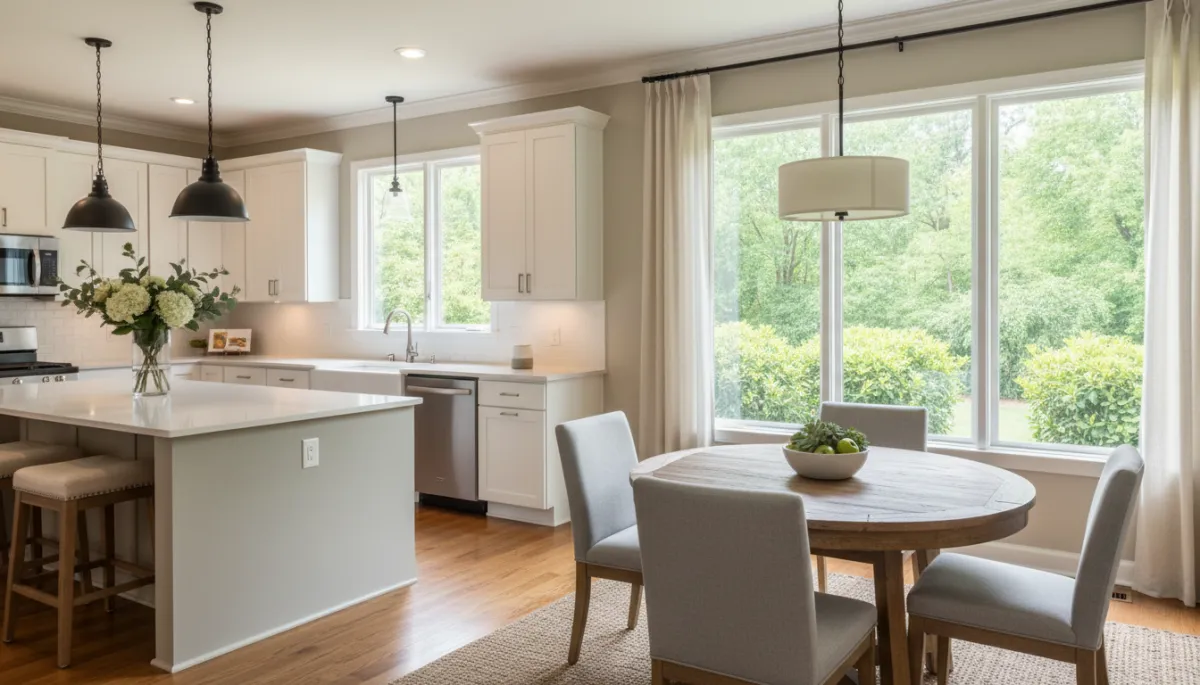Photorealistic staged Springfield VA kitchen and dining area with neutral decor