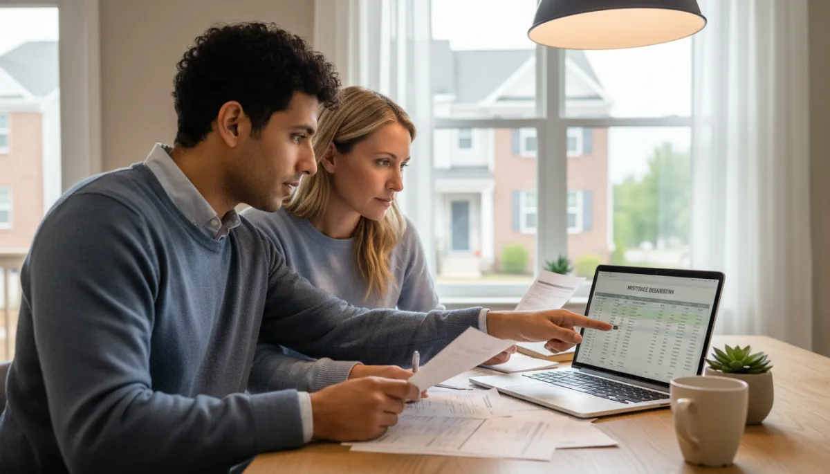Photorealistic couple in Springfield VA reviewing home affordability numbers at their kitchen table