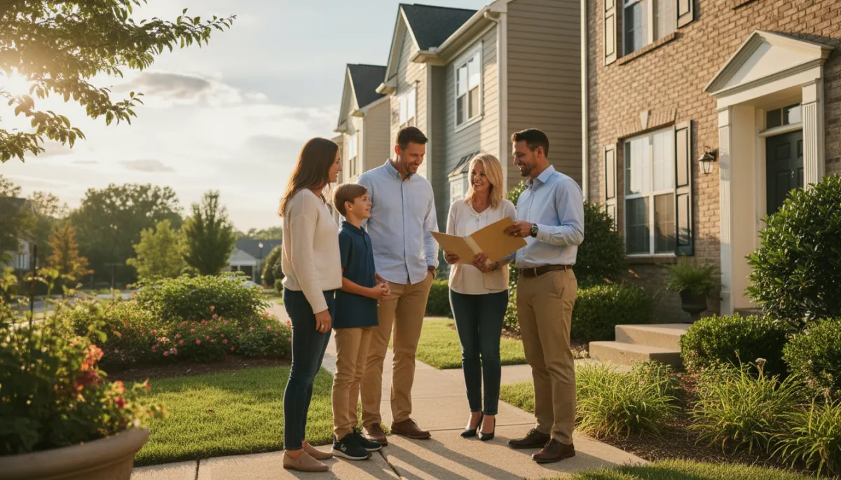 Photorealistic family in Springfield VA discussing home purchase options with real estate agents outside a townhome