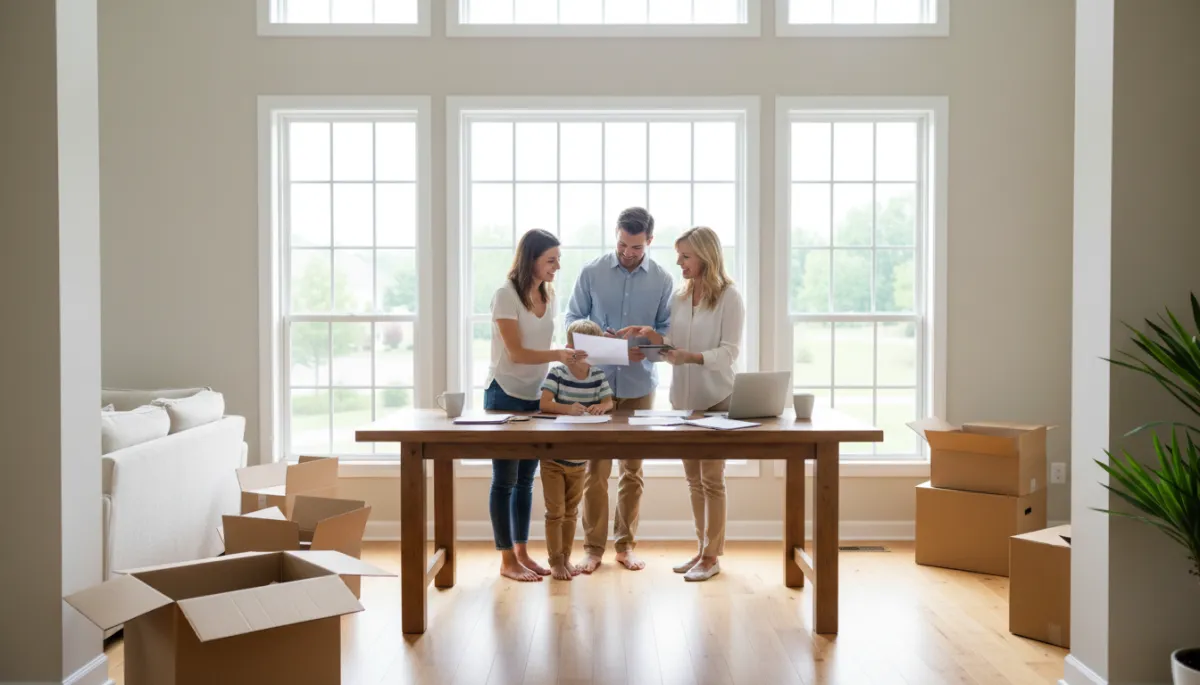 Photorealistic scene of a young family reviewing home purchase documents with a real estate agent in a Springfield VA living room Photorealistic scene of a young family reviewing home purchase documents with a real estate agent in a Springfield VA living room