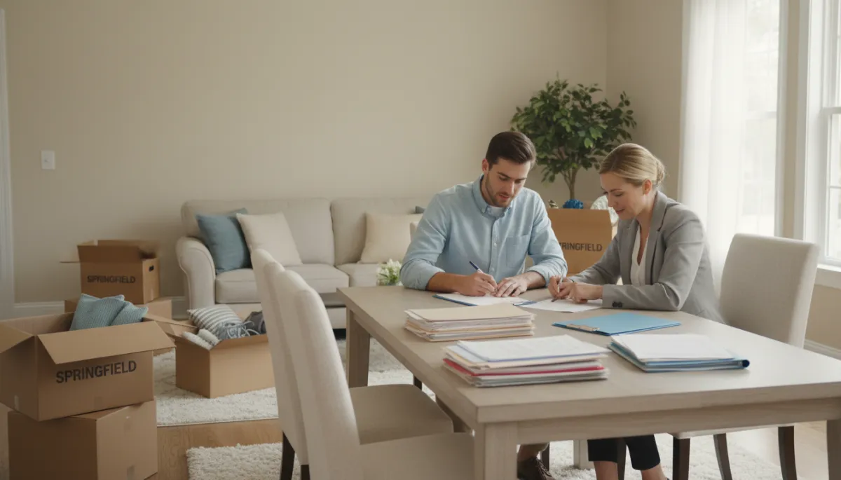 Photorealistic scene of buyers signing closing documents with a real estate agent in a Springfield VA home Photorealistic scene of buyers signing closing documents with a real estate agent in a Springfield VA home