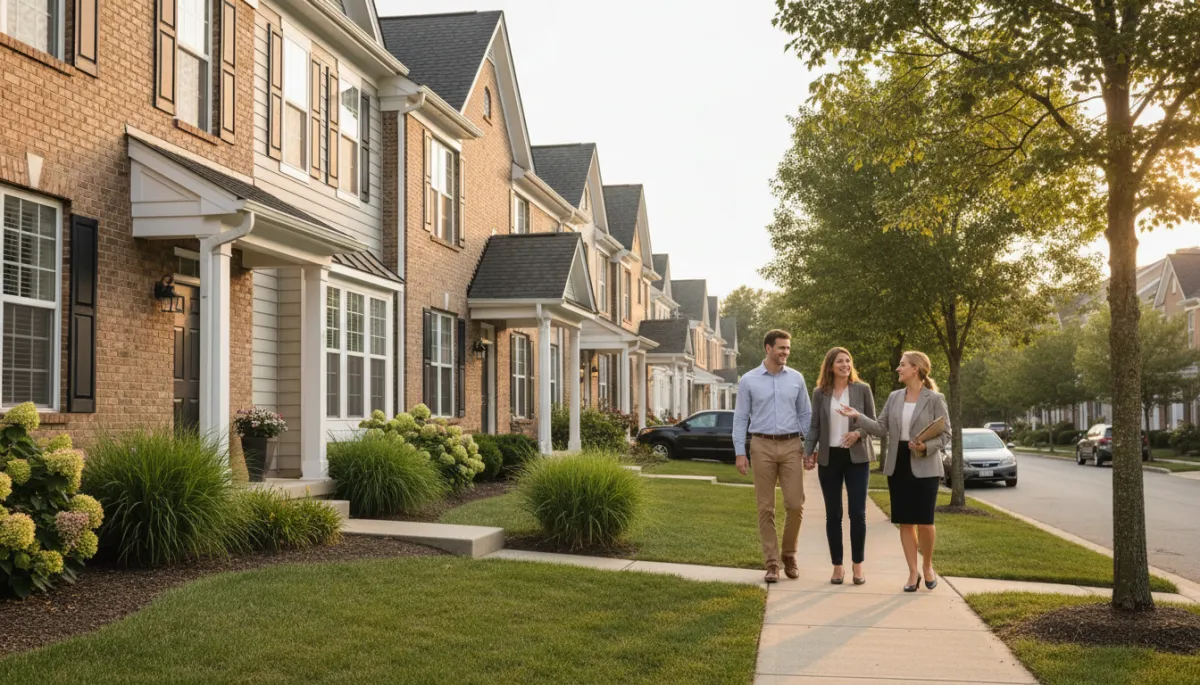 Photorealistic Springfield VA townhouse community with a couple touring homes