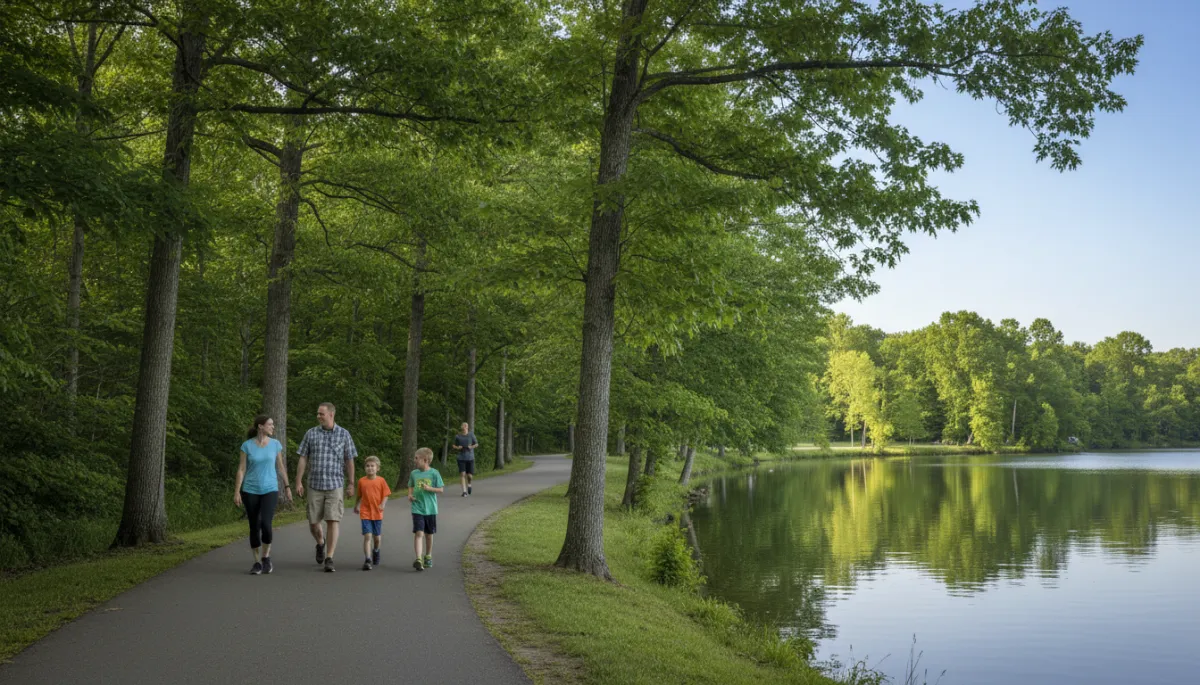 Photorealistic view of families enjoying a walking trail along Burke Lake in Virginia