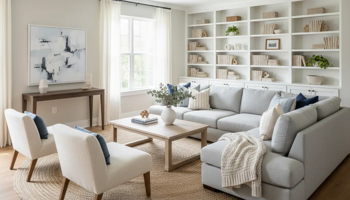 Staged living room in a Burke, VA home with neutral decor and natural light