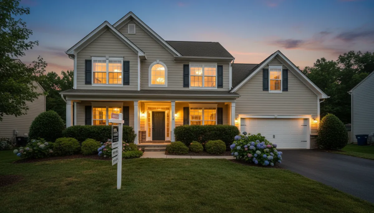 Exterior of a Burke, VA home with attractive landscaping and a for-sale sign