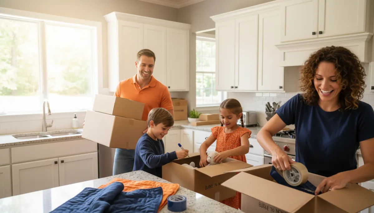 Photorealistic family packing boxes in a Burke VA home before moving Photorealistic family packing boxes in a Burke VA home before moving