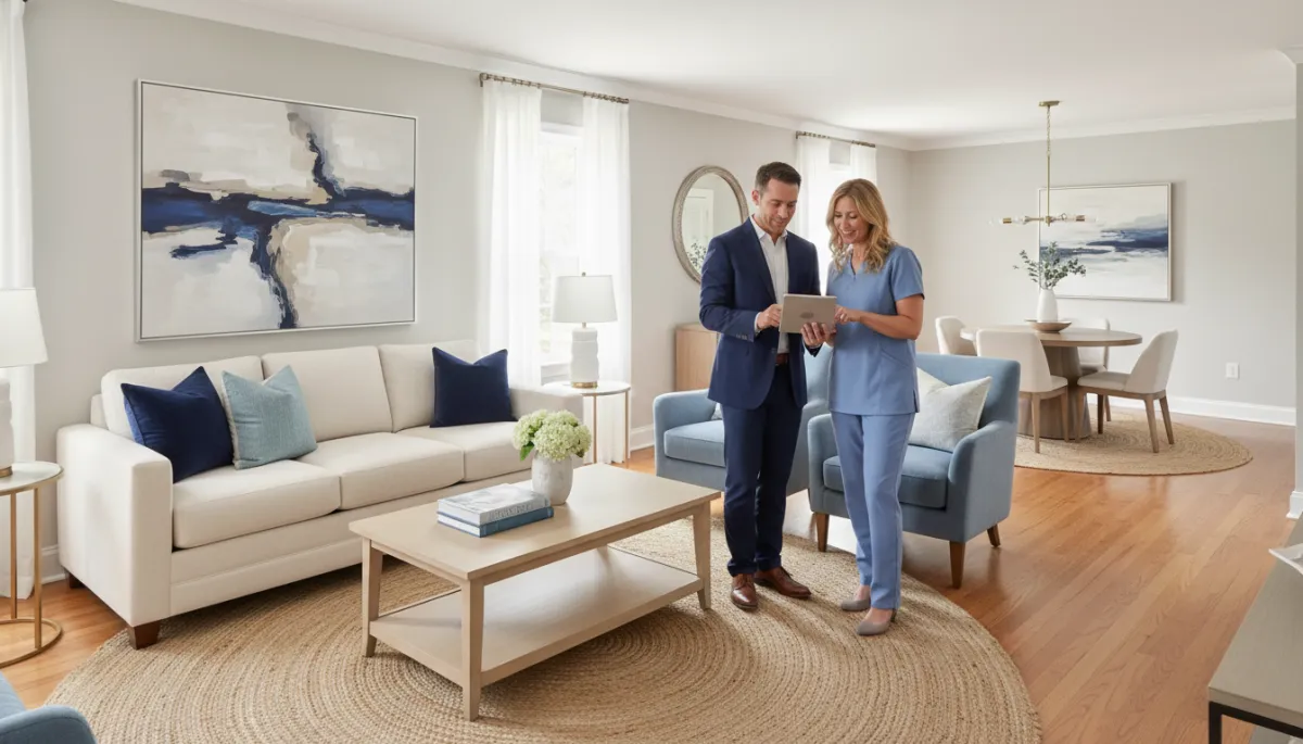 Real estate agent and stager preparing a Burke VA living room before listing