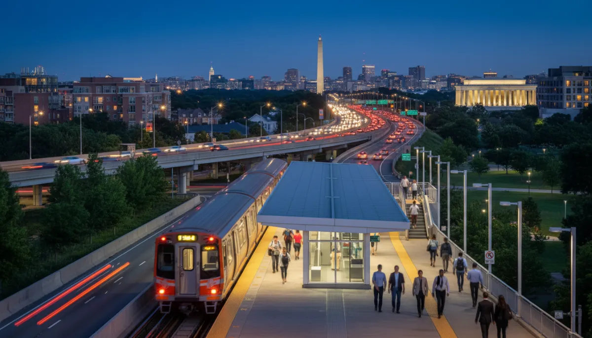 Street-level view of an Arlington VA neighborhood near a Metro station, with pedestrians, mature trees, and mixed-use buildings highlighting walkable, transit-friendly living for DC commuters