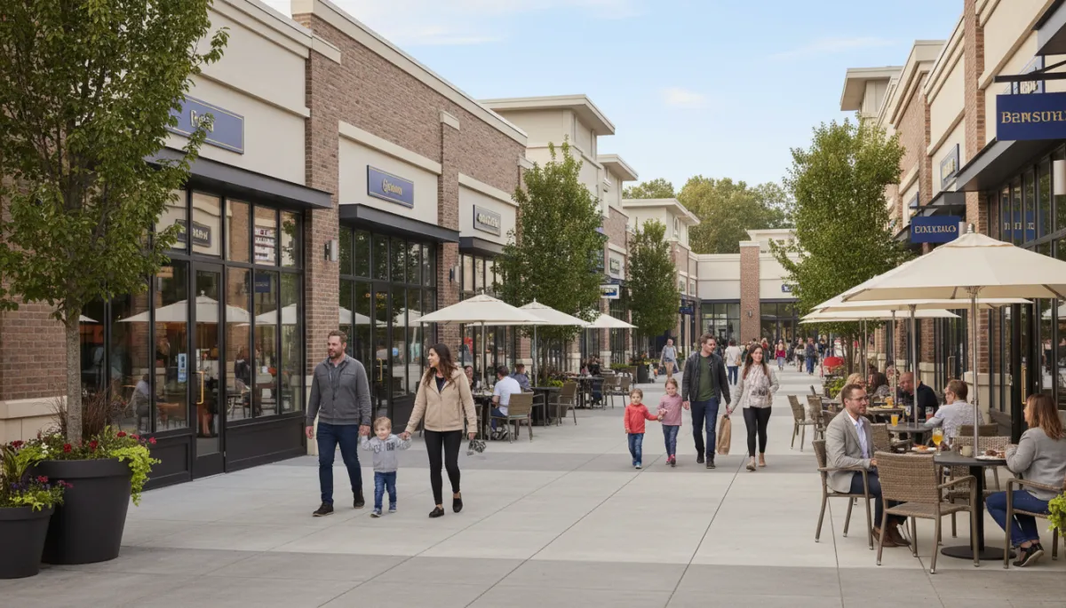 photorealistic street-level view of a modern outdoor shopping and dining plaza in Lorton Virginia on a mild afternoon, families walking on wide sidewalks, neutral brick and glass storefronts, outdoor seating with umbrellas, subtle navy and warm ivory tones in signage