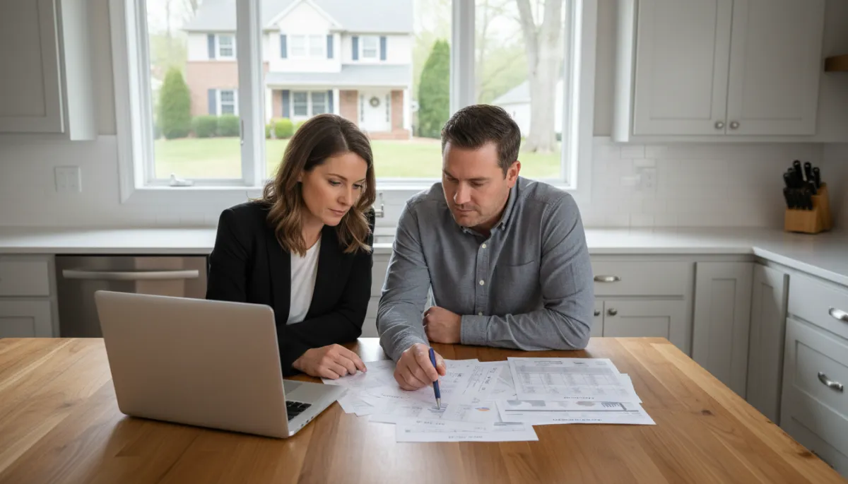 Photorealistic scene of homebuyers reviewing their budget with a real estate agent