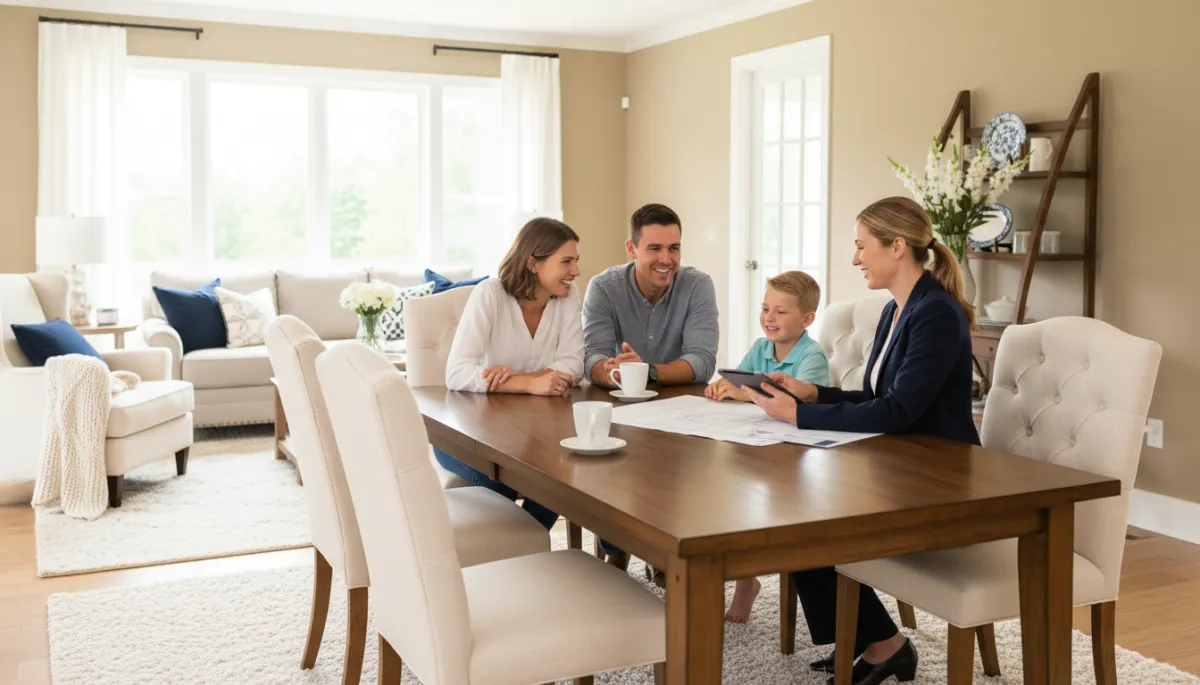 Photorealistic living room scene of a family consulting with a real estate agent in Lorton VA
