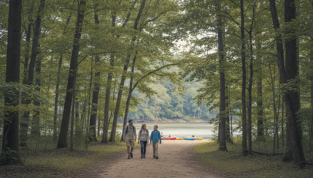Photorealistic view of family enjoying wooded riverside trail in Lorton VA