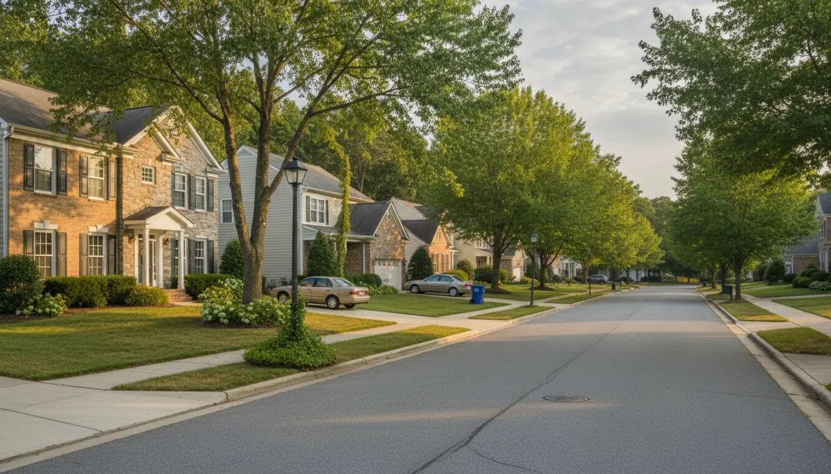 Tree lined residential street with single family homes in Lorton, Virginia