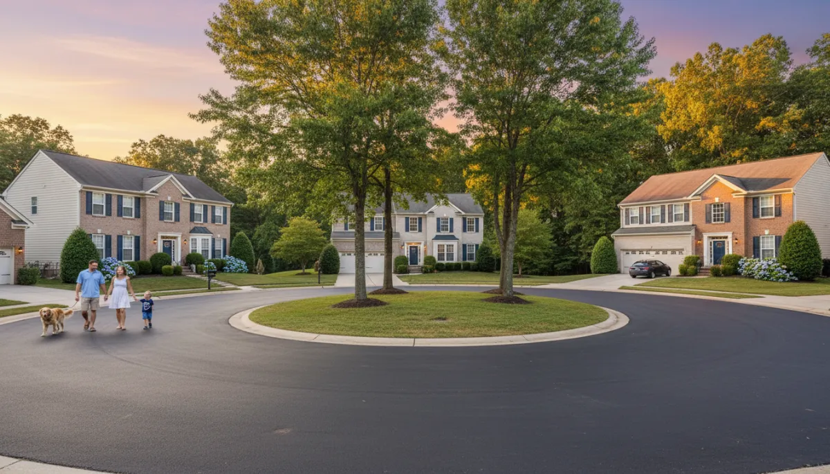 Photorealistic view of a well-kept Woodbridge VA neighborhood street with families outside