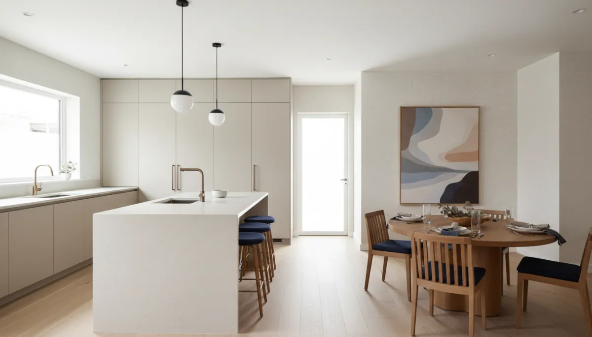 Staged neutral kitchen and dining area prepared for home sale
