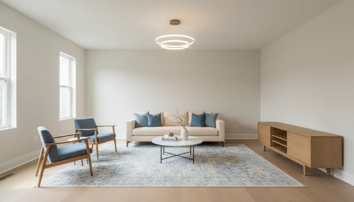 Photographic realistic updated living room in Woodbridge VA with fresh paint and modern lighting