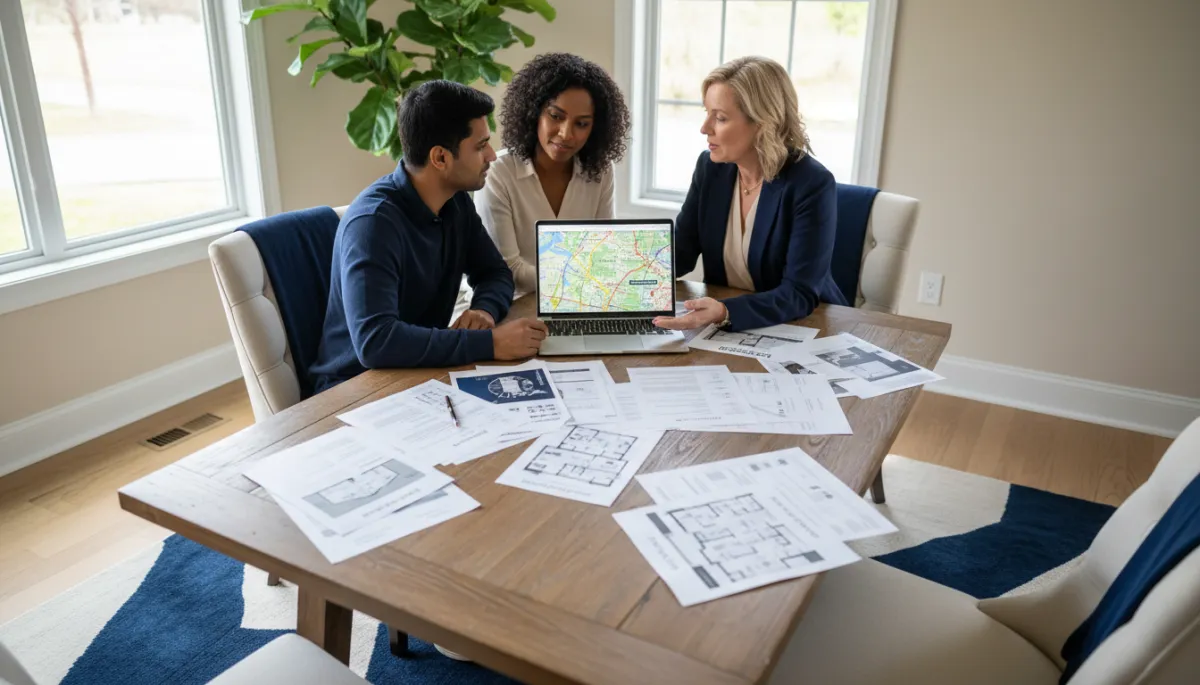 photographic realistic interior scene of a diverse couple sitting at a dining table with a local real estate agent in a navy blazer, reviewing home buying documents and a laptop showing Woodbridge VA neighborhood map, soft natural light, neutral color palette with deep navy and warm ivory accents