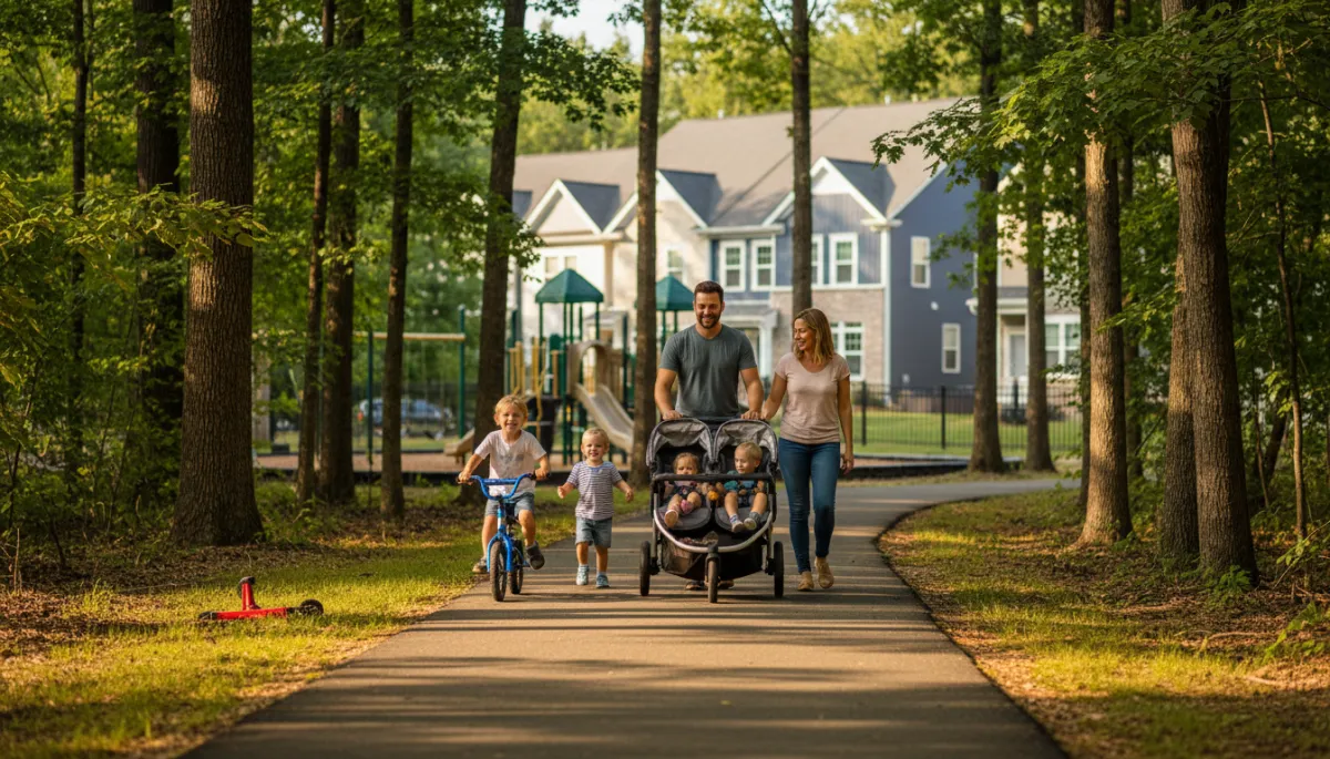Photorealistic view of families enjoying a wooded trail and playground in Lake Ridge VA