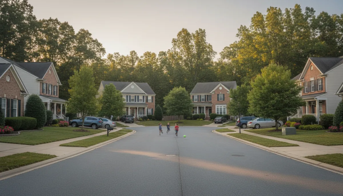 Photorealistic view of a family-friendly Woodbridge VA neighborhood street at dusk