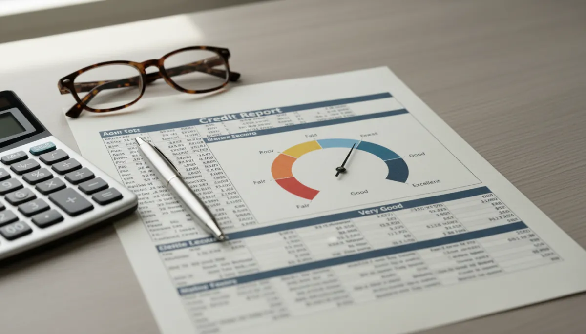 Printed credit report and calculator on a desk illustrating different credit score ranges