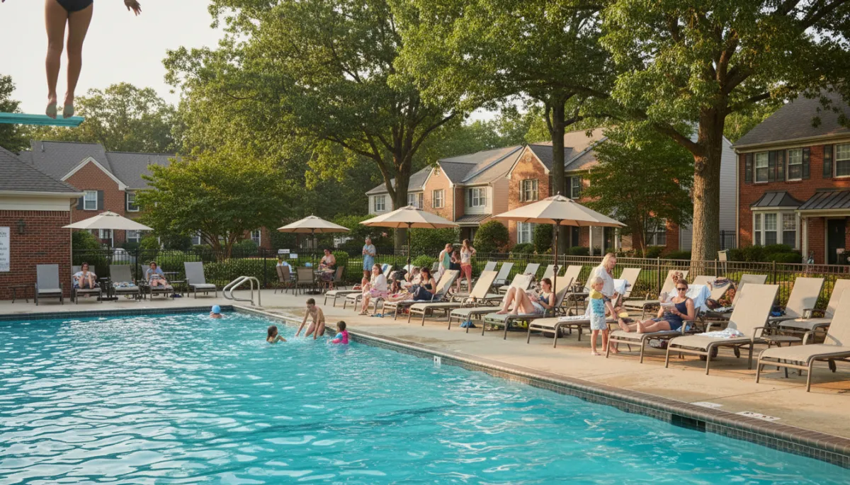 Photorealistic view of a Reston community pool and surrounding townhomes