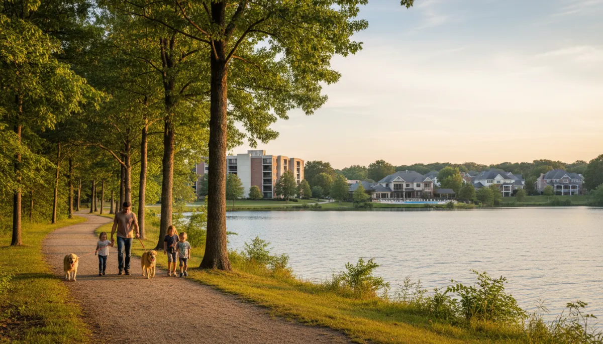 Family walking along a lakeside trail with nearby suburban homes and community amenities