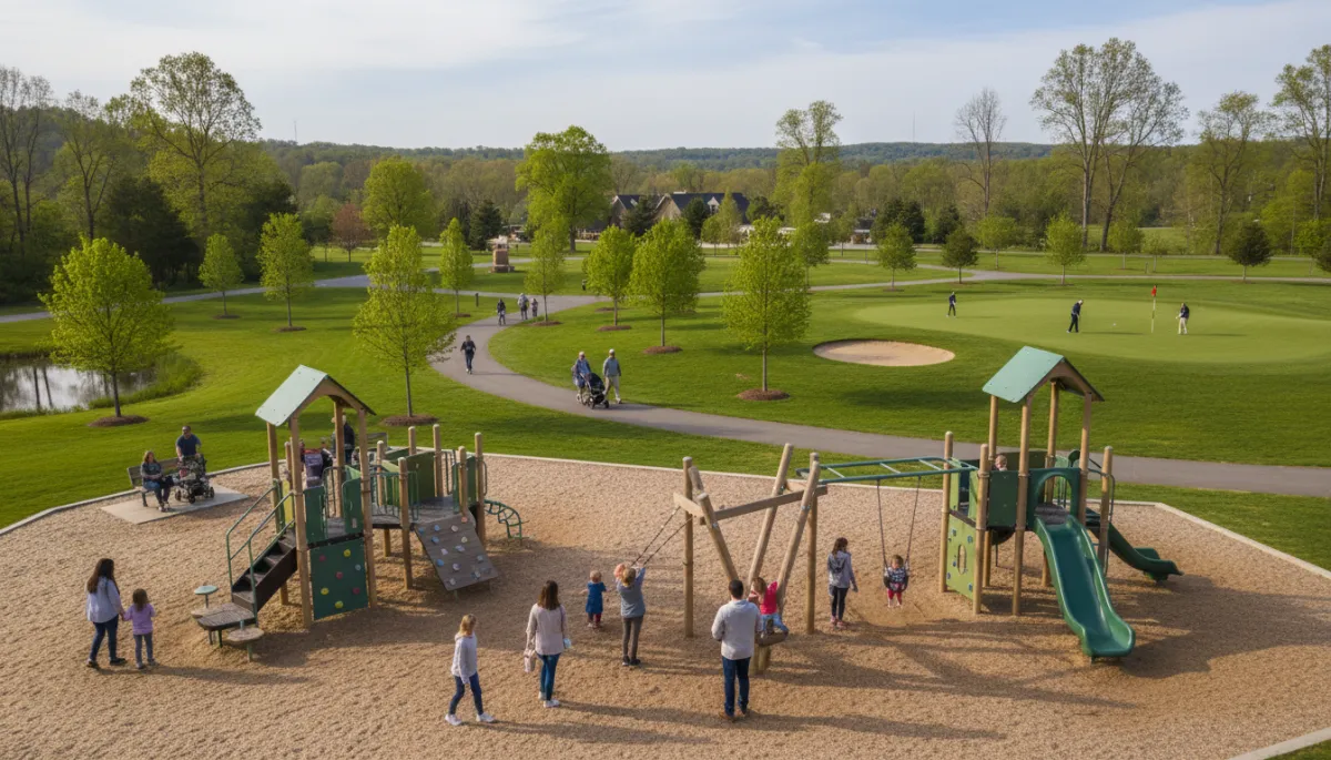 Photorealistic view of families enjoying outdoor recreation at Oak Marr Recreation Center in Oakton, Virginia