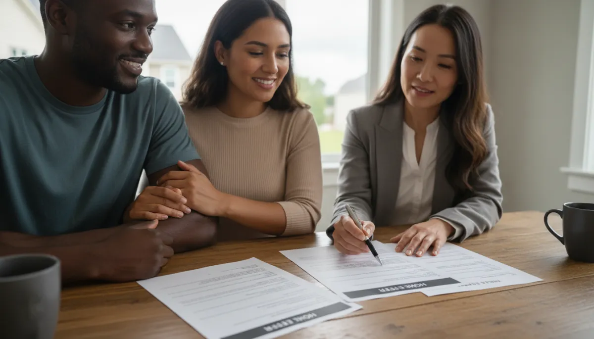Photorealistic scene of homebuyers reviewing offer documents with a real estate agent