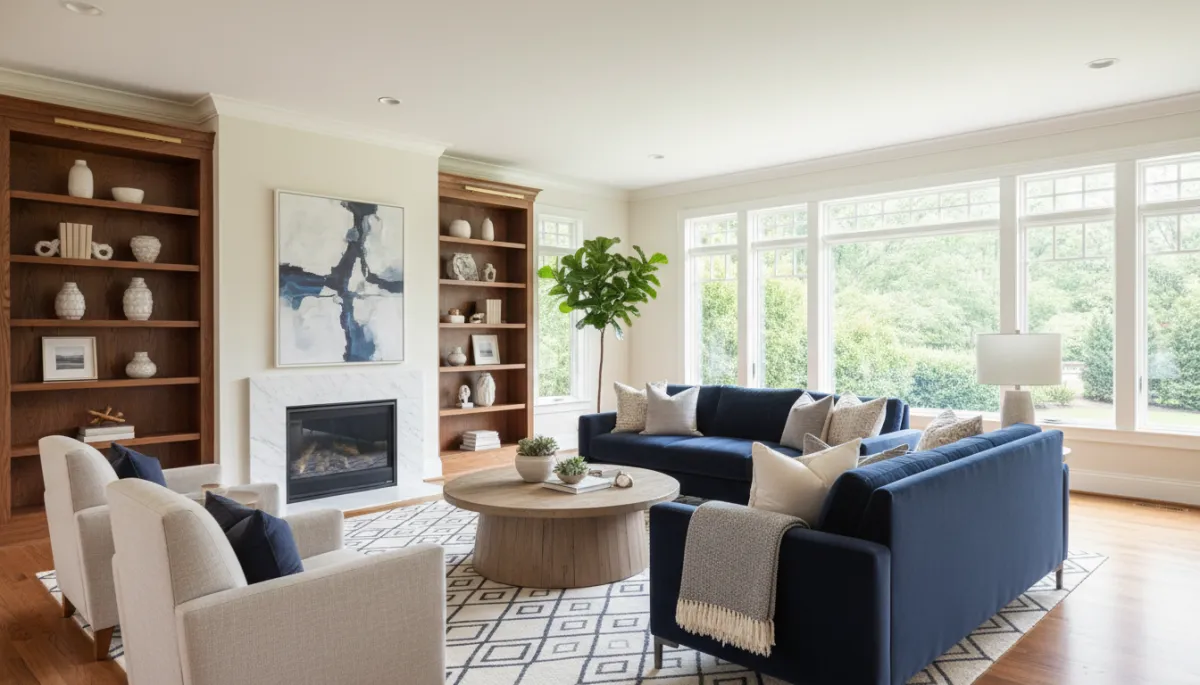 Photographic realistic staged luxury living room in Oakton VA with neutral colors and elegant furnishings Photographic realistic staged luxury living room in Oakton VA with neutral colors and elegant furnishings