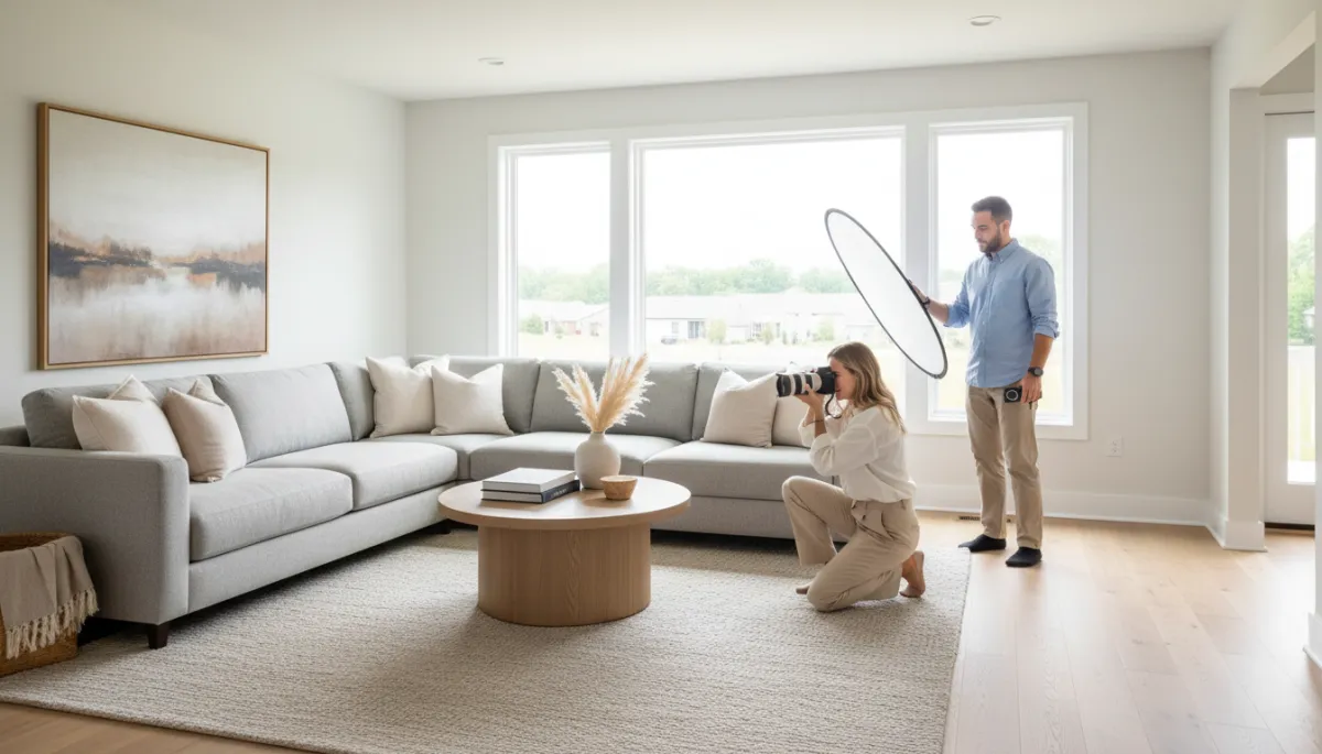 Photorealistic interior of a professionally staged Oakton VA living room being photographed