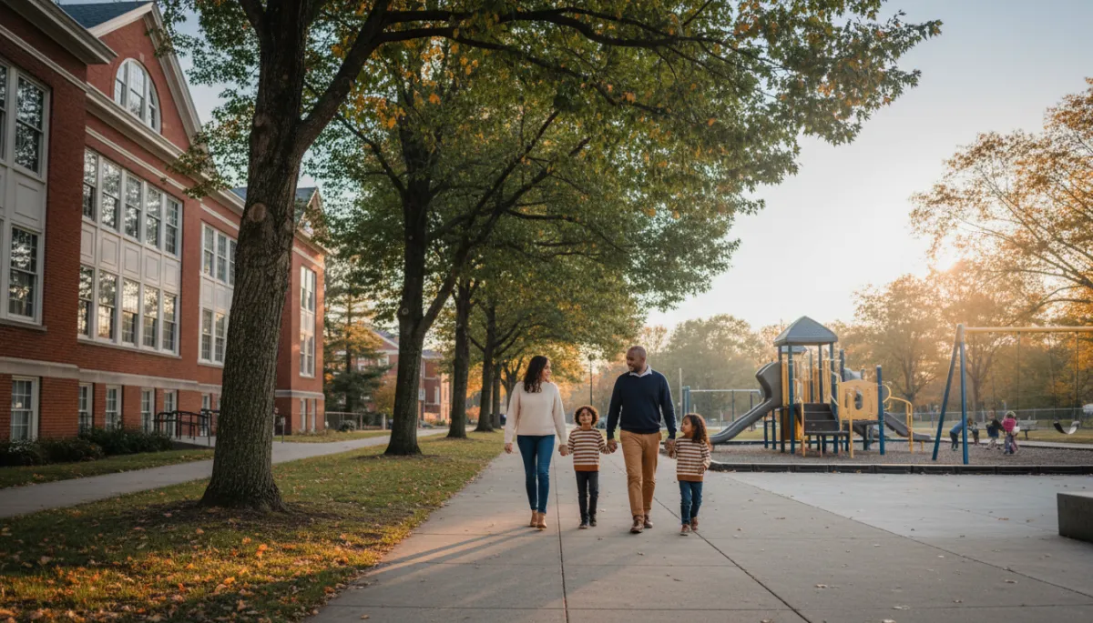 Photorealistic family walking near a school and playground in Chantilly Virginia