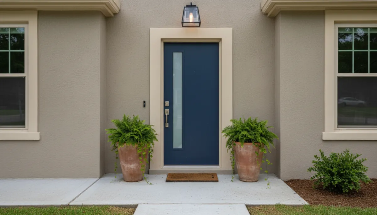 Photorealistic close-up of an updated Chantilly VA home entry with strong curb appeal