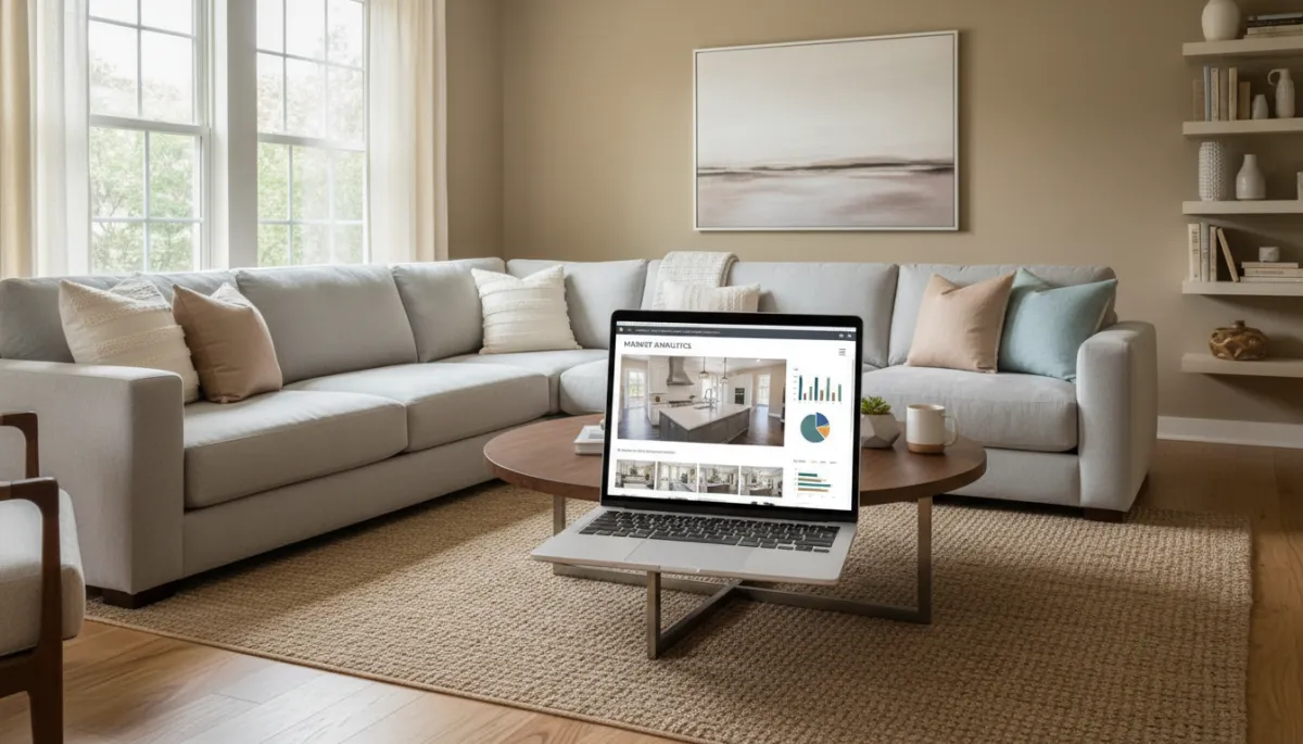 Photorealistic staged Chantilly VA living room with online listing displayed on laptop Photorealistic staged Chantilly VA living room with online listing displayed on laptop
