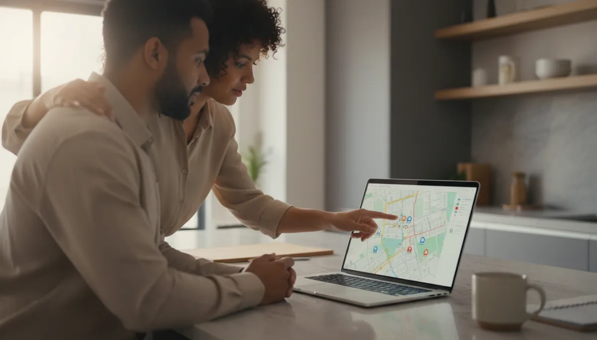 Photorealistic scene of real estate advisor reviewing neighborhood maps with a couple