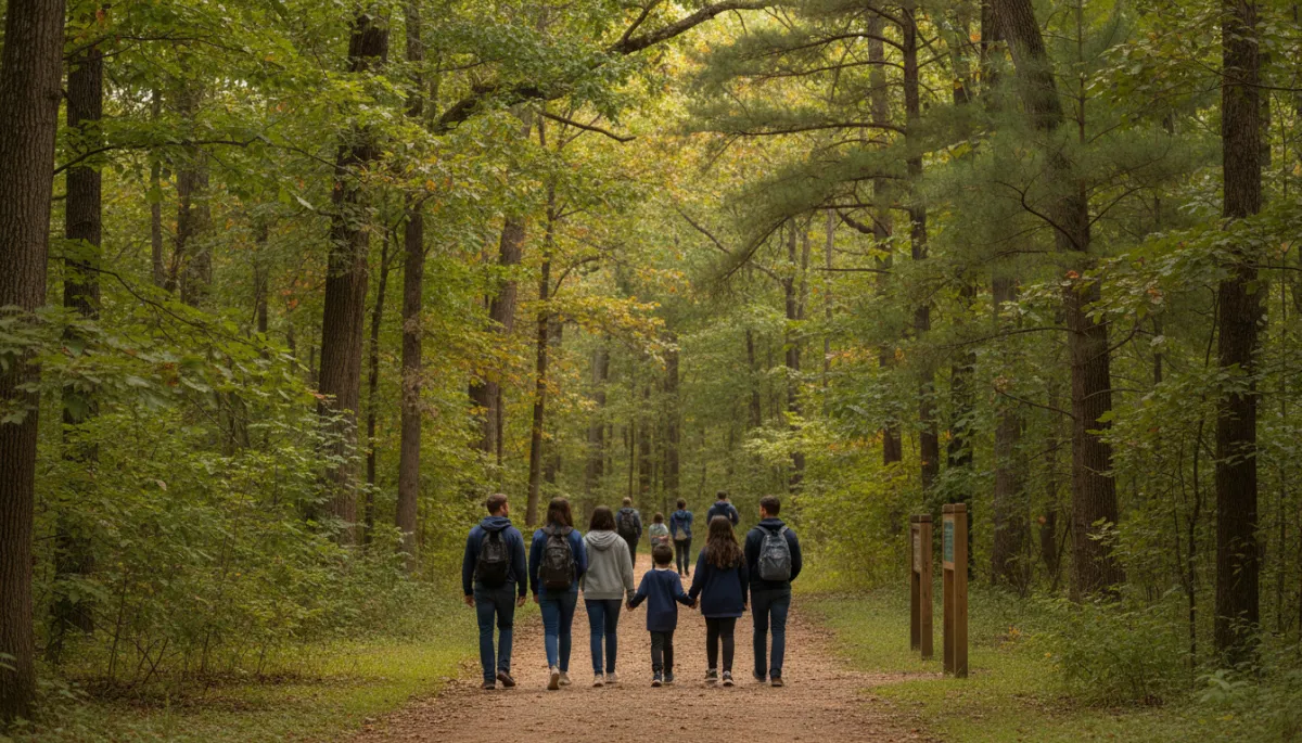Photorealistic view of families walking along a wooded trail at Bull Run Regional Park near Centreville Photorealistic view of families walking along a wooded trail at Bull Run Regional Park near Centreville
