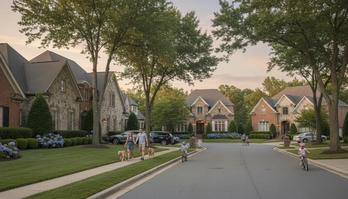 Photographic realistic view of an upscale Ashburn VA street with luxury homes
