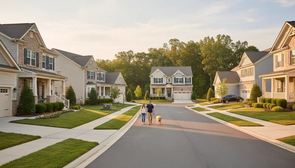 Photorealistic view of a quiet Ashburn VA cul-de-sac with families outside