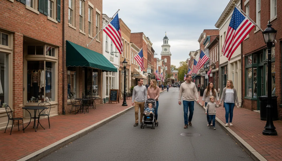 Photorealistic view of families walking through Historic Downtown Manassas