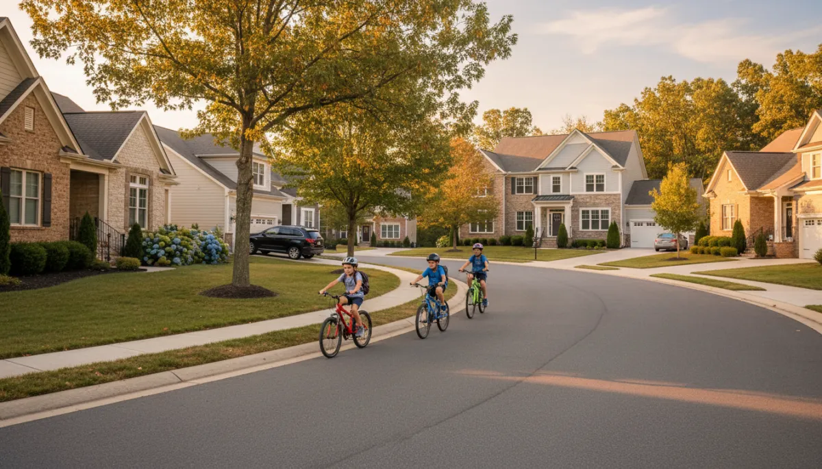 Photorealistic view of a family-friendly residential street in Manassas, Virginia