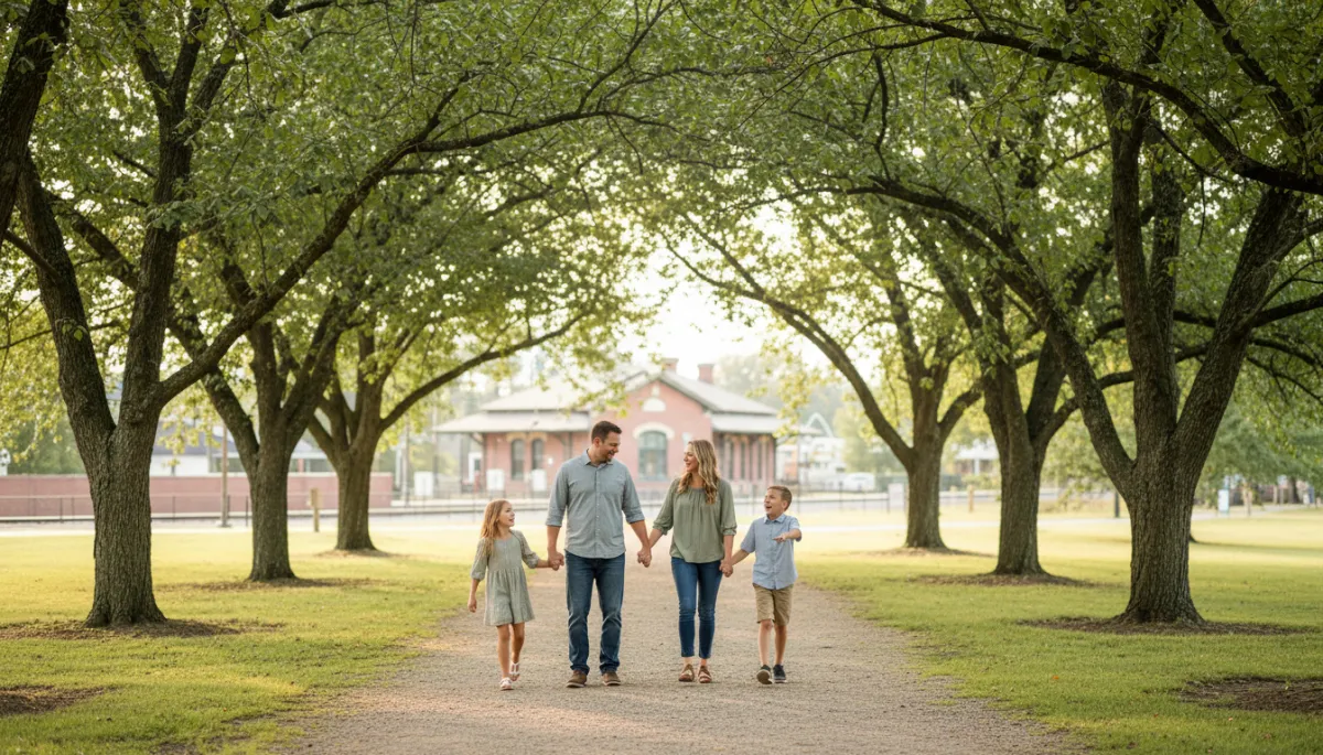 Family walking along a tree-lined path in a Manassas park
