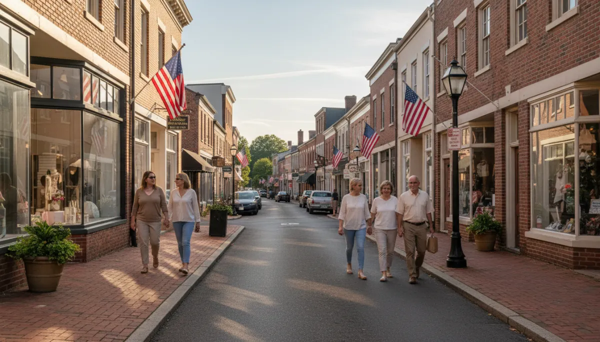 Old Town Manassas VA main street with shops and brick sidewalks